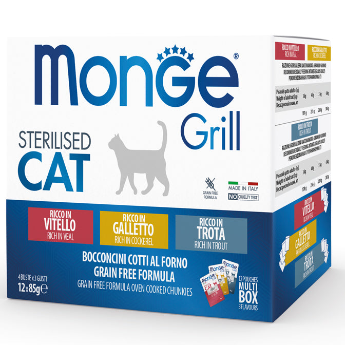 12x85g Monge Grill Sterilised Cat - Grain Free Ricco in Vitello Galletto Trota 12x85g Monge Grill Sterilised Cat - Grain Free Ricco in Vitello Galletto Trota